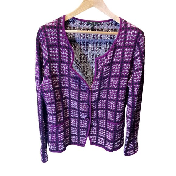 Carlisle Purple Checked Round Neck Long Sleeved Cardigan Sweater Sz XL - Picture 3 of 12